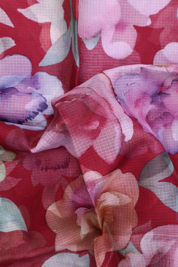 Kota Silk Saree In Burgundy Red With Floral Design