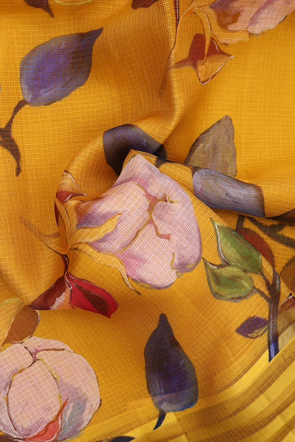 Kota Silk Saree In Golden Yellow With Floral Design