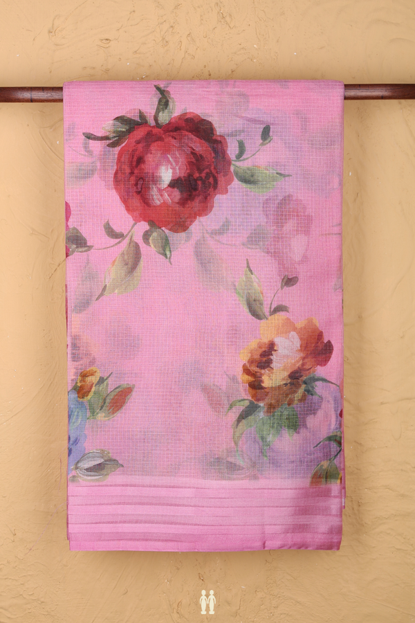 Kota Silk Saree In Pastel Pink With Floral Design
