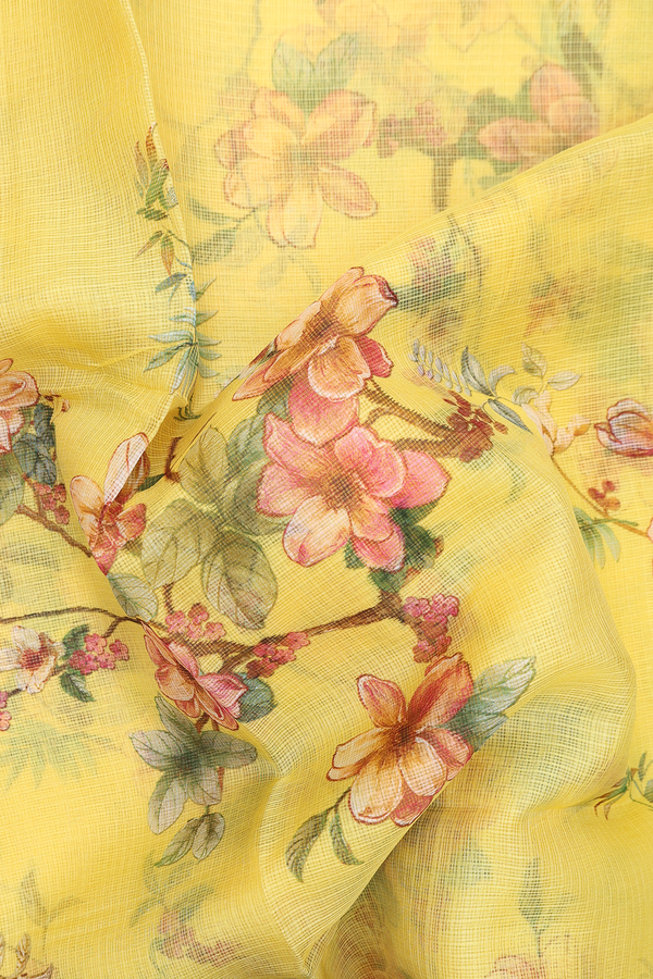 Kota Silk Saree In Yellow With Floral Design