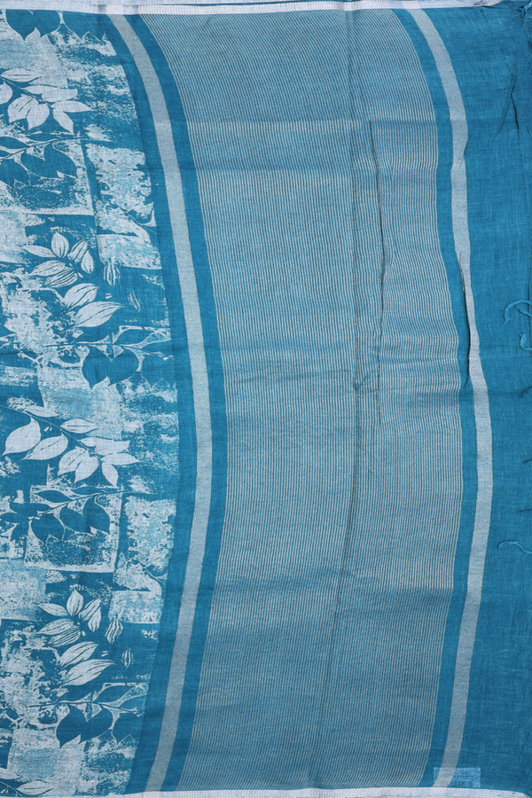 Linen Saree In Blue With Leaf Design