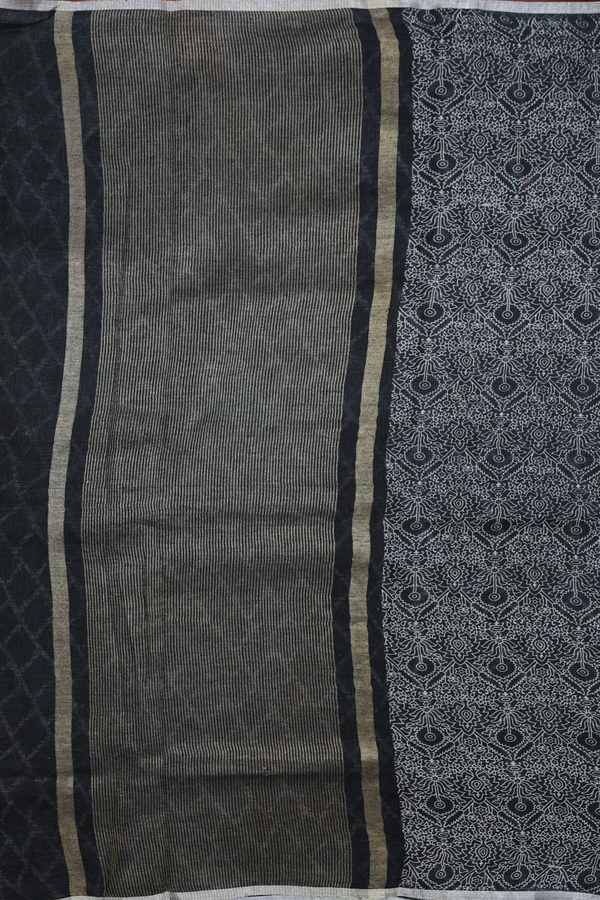 Linen Saree In Charcoal Grey With Printed Design