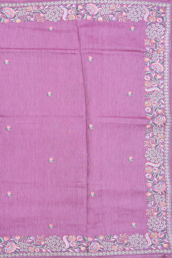 Linen Saree In Dusty Purple Floral Threadwork Buttas