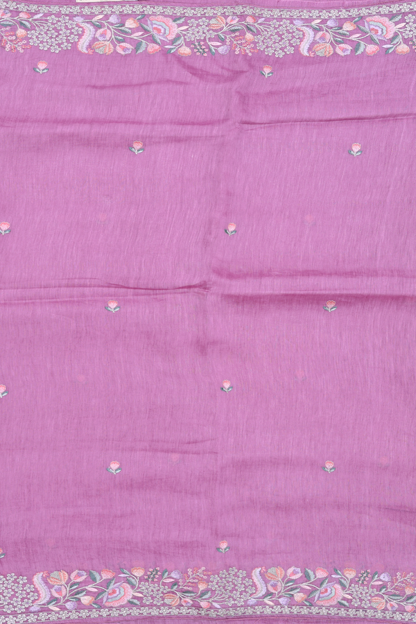 Linen Saree In Dusty Purple Floral Threadwork Buttas