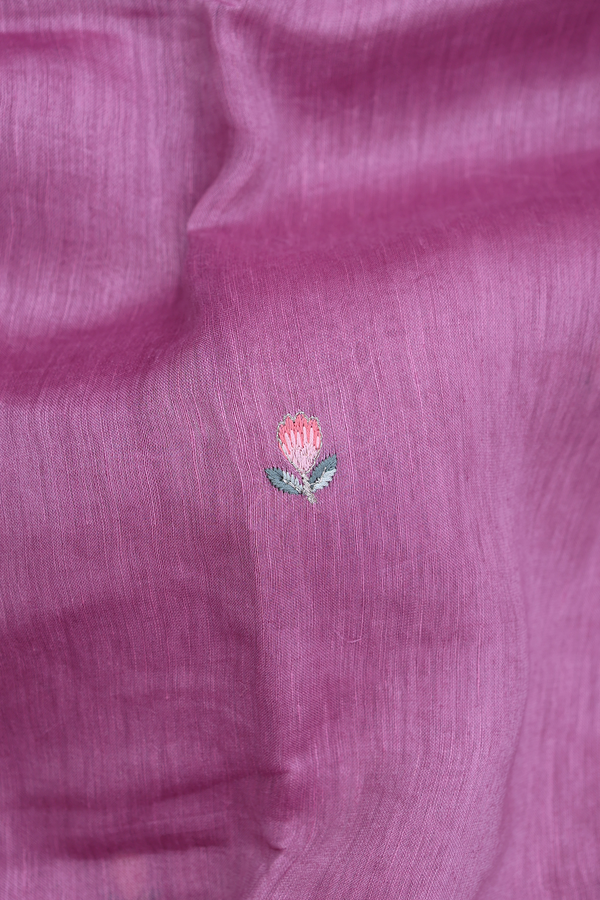 Linen Saree In Dusty Purple Floral Threadwork Buttas