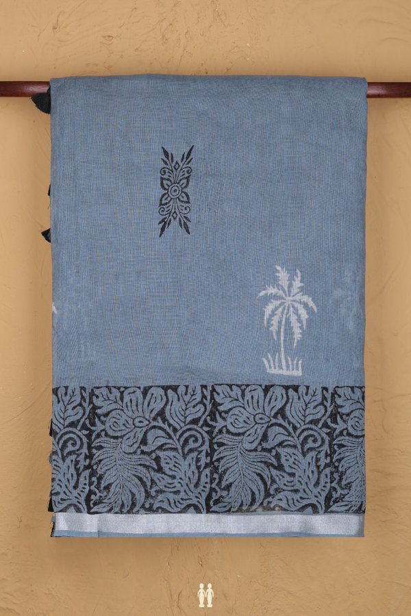 Linen Saree In Grey With Tree Motifs