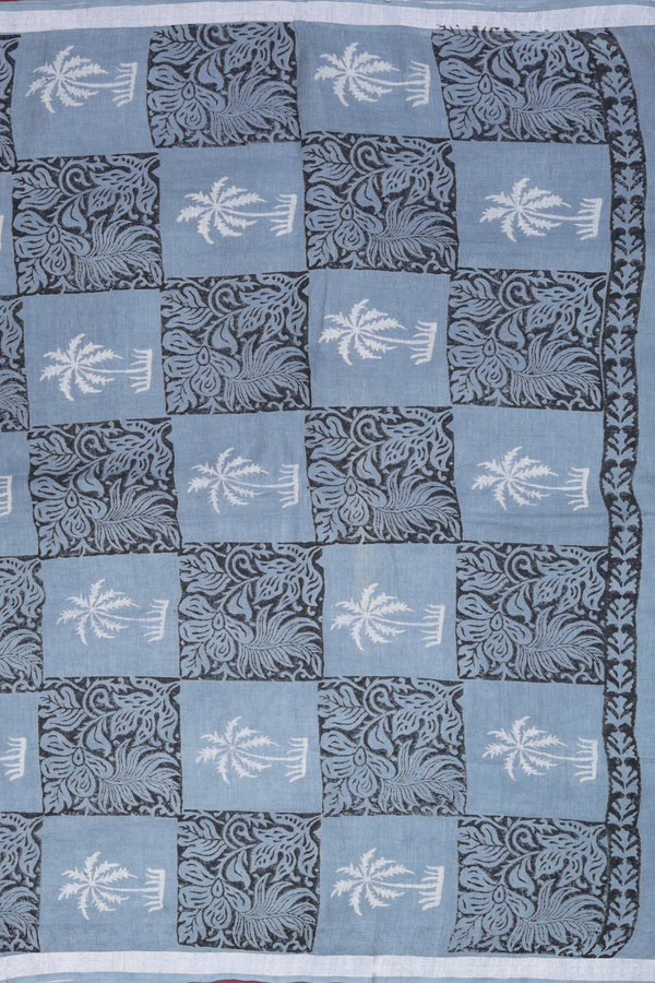 Linen Saree In Grey With Tree Motifs