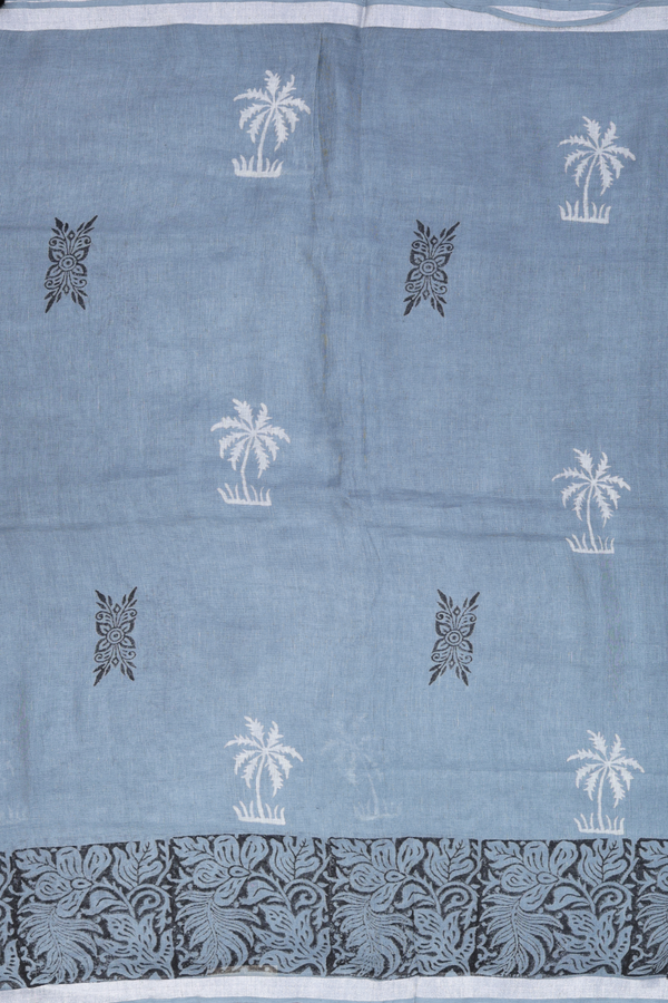 Linen Saree In Grey With Tree Motifs