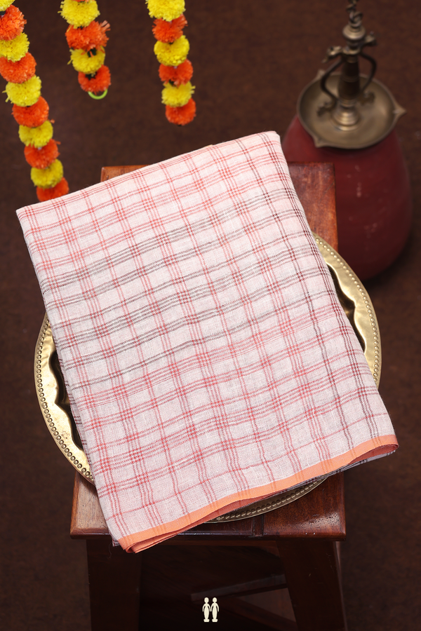 Linen Saree In Ivory With Checks Design