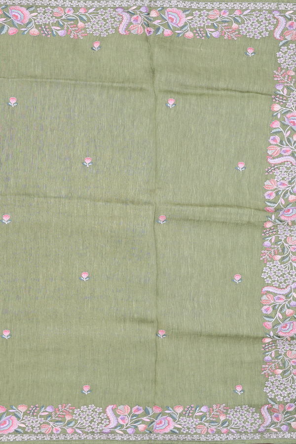 Linen Saree In Moss Green Floral Threadwork Buttas