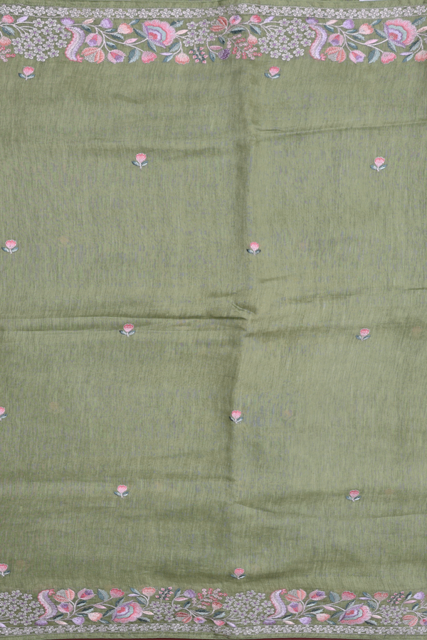 Linen Saree In Moss Green Floral Threadwork Buttas