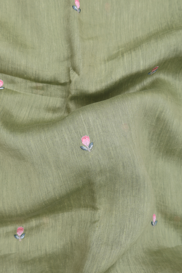 Linen Saree In Moss Green Floral Threadwork Buttas
