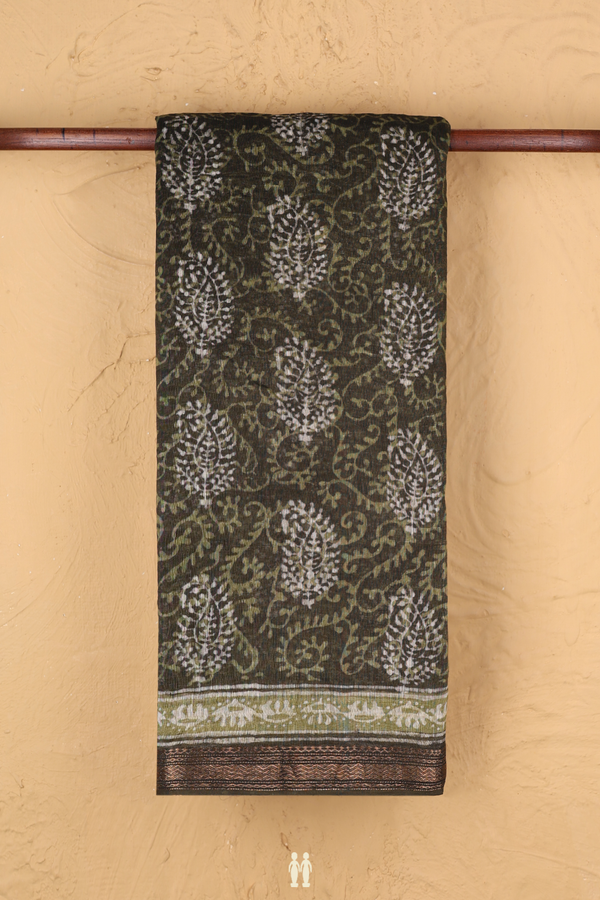 Linen Saree In Olive Green With Paisley Printed Design