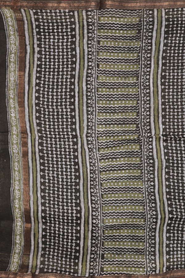 Linen Saree In Olive Green With Paisley Printed Design