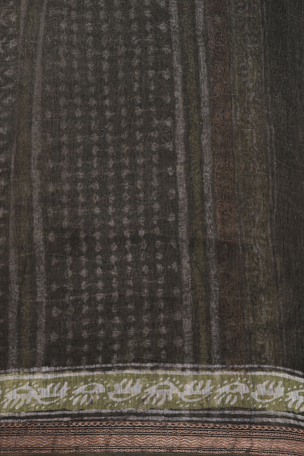 Linen Saree In Olive Green With Paisley Printed Design