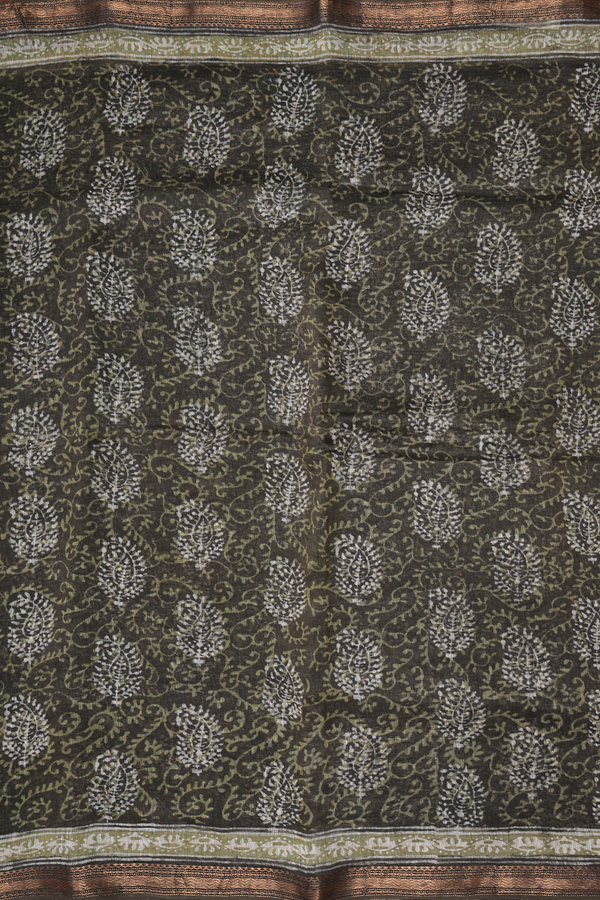 Linen Saree In Olive Green With Paisley Printed Design