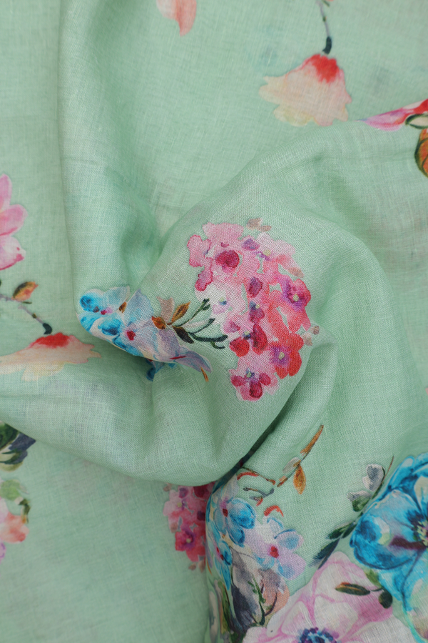 Linen Saree In Pale Green With Floral Printed Design