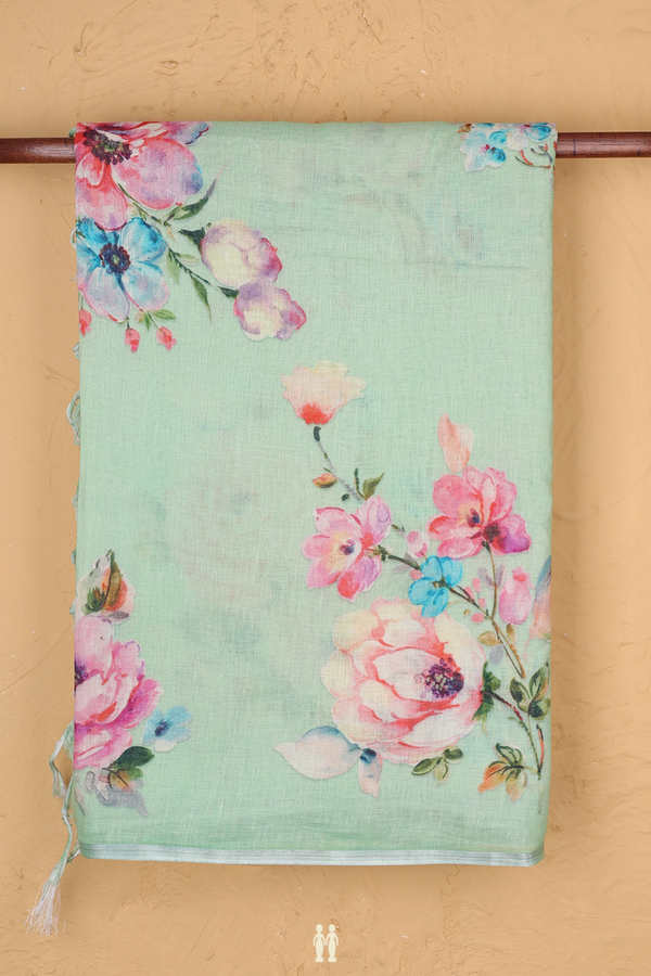 Linen Saree In Pale Green With Floral Printed Design