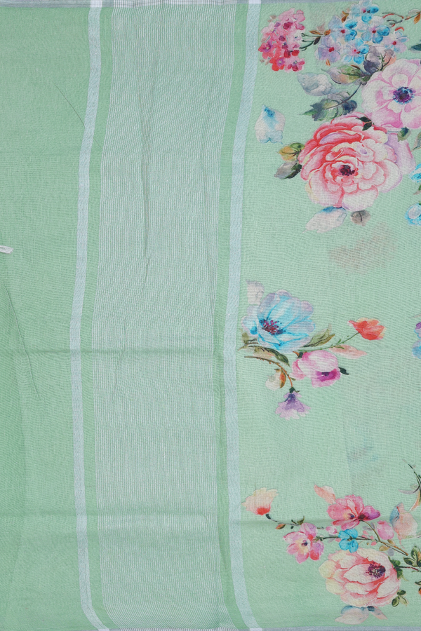 Linen Saree In Pale Green With Floral Printed Design