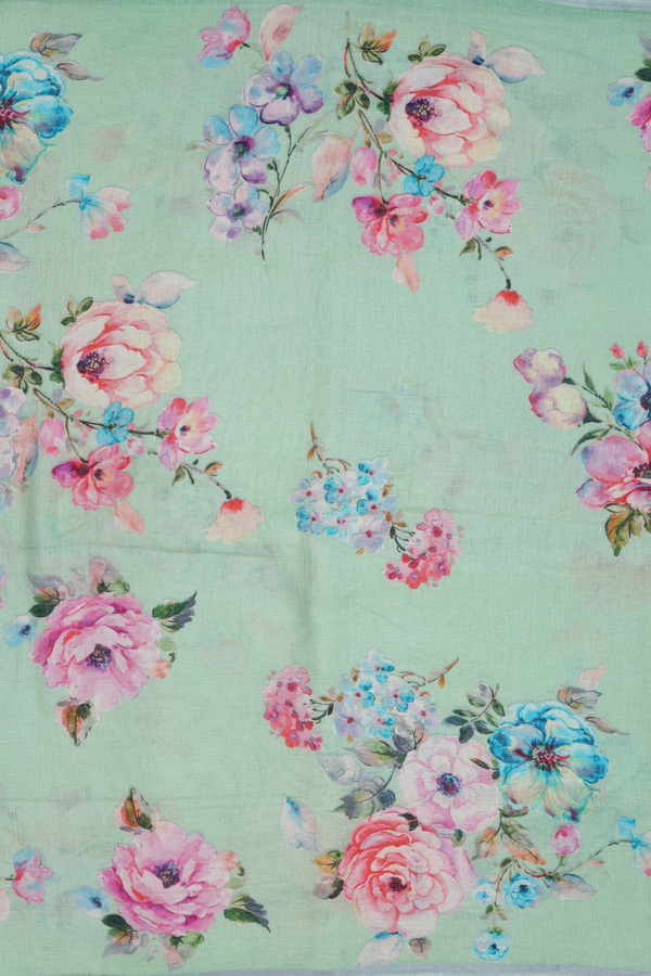 Linen Saree In Pale Green With Floral Printed Design