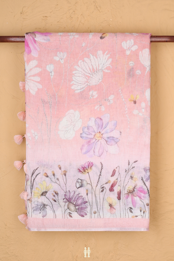 Linen Saree In Pastel Pink With Floral Design