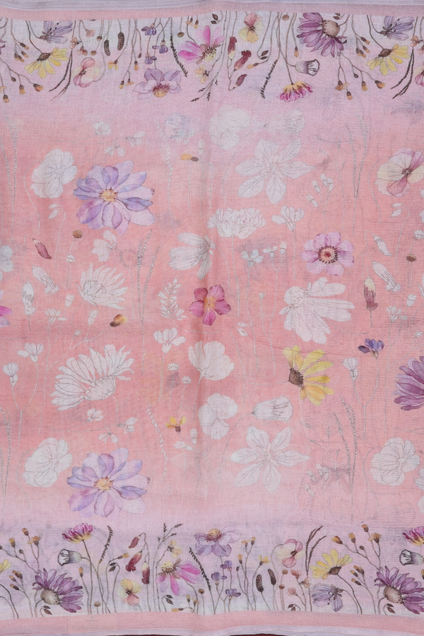 Linen Saree In Pastel Pink With Floral Design