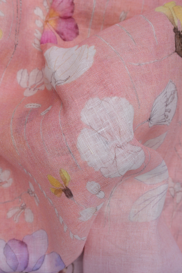 Linen Saree In Pastel Pink With Floral Design