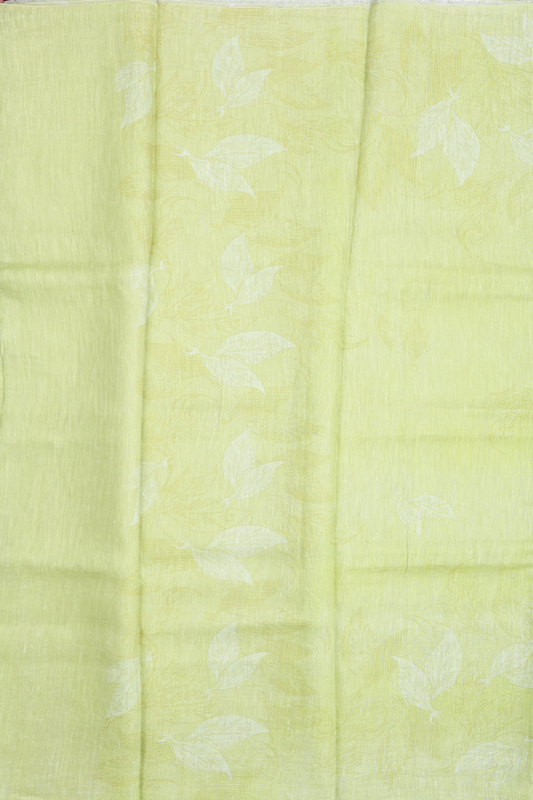 Linen Saree In Pear Green With Leaf Design