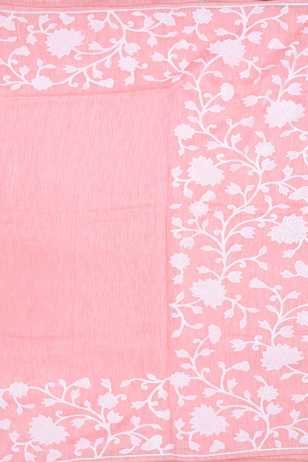 Linen Saree In Plain Blush Orange With Floral Border