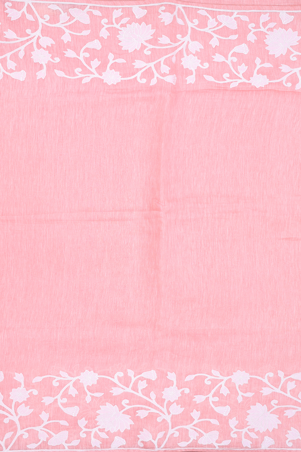 Linen Saree In Plain Blush Orange With Floral Border