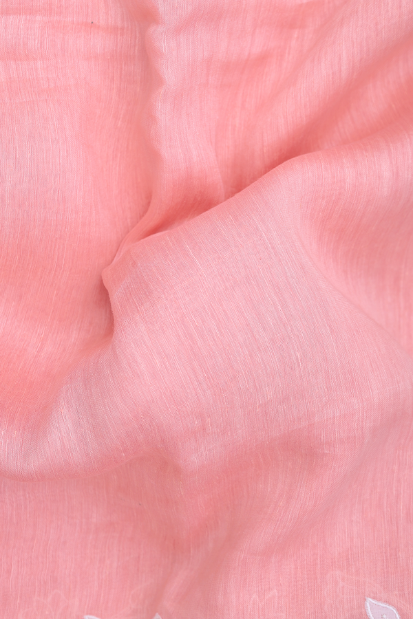 Linen Saree In Plain Blush Orange With Floral Border