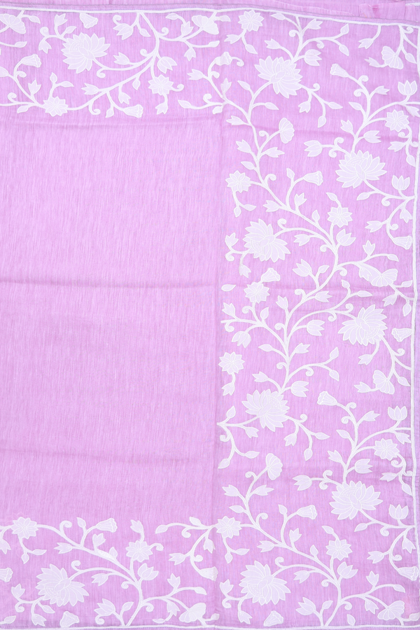 Linen Saree In Plain Pastel Purple With Floral Border