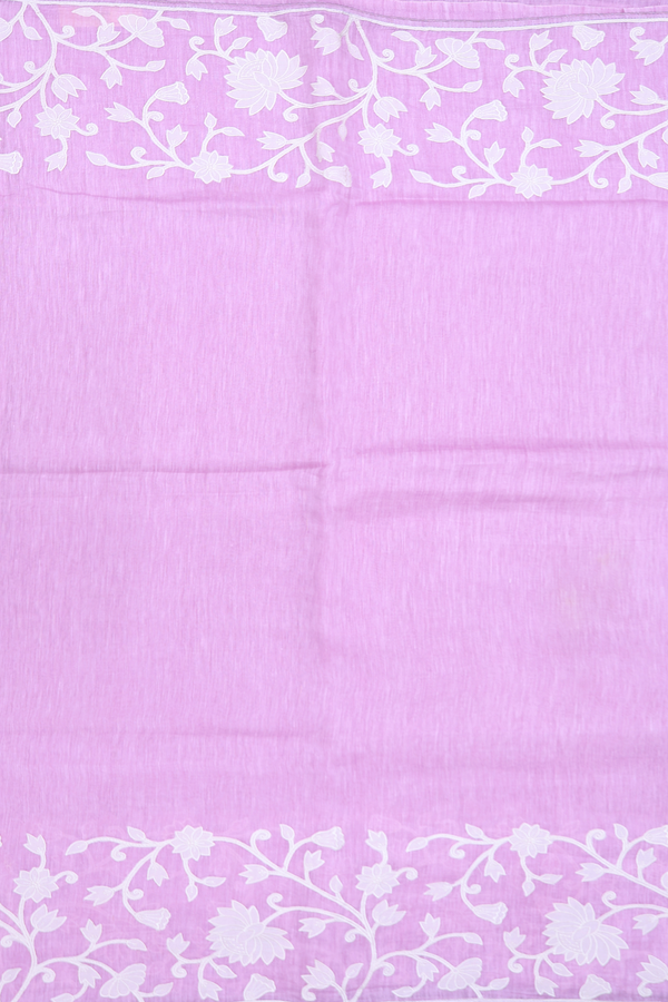 Linen Saree In Plain Pastel Purple With Floral Border