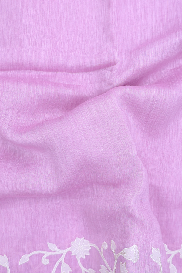 Linen Saree In Plain Pastel Purple With Floral Border