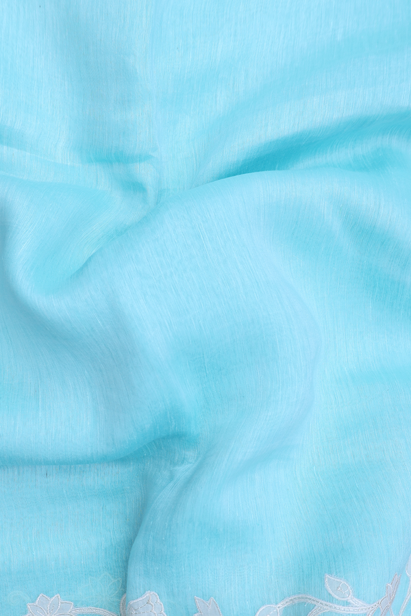 Linen Saree In Plain Sky Blue With Floral Border