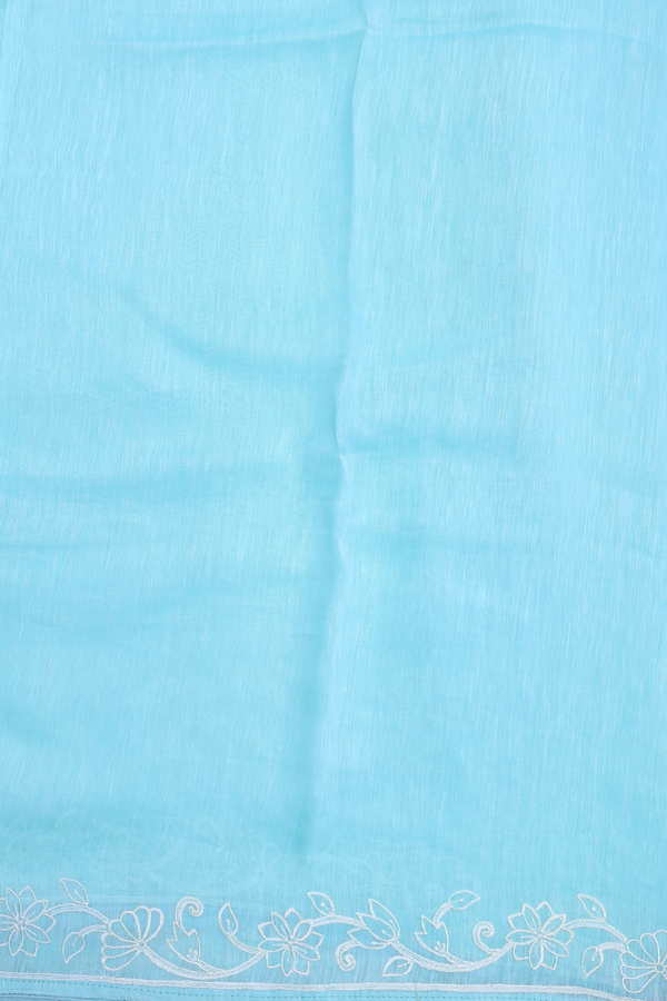 Linen Saree In Plain Sky Blue With Floral Border