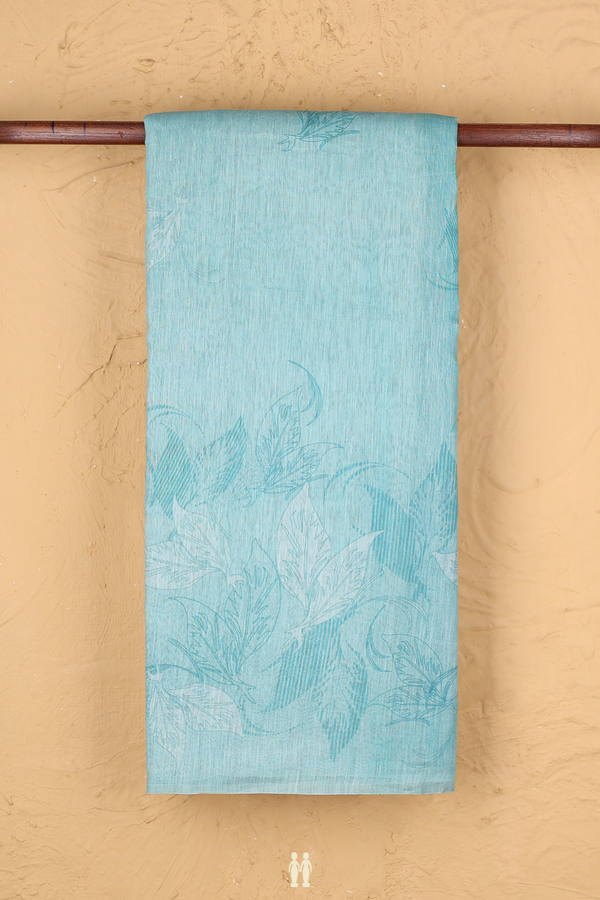 Linen Saree In Turkish Blue With Leaf Design