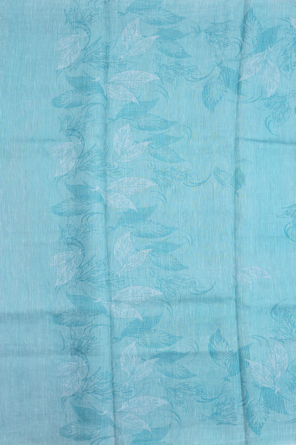 Linen Saree In Turkish Blue With Leaf Design
