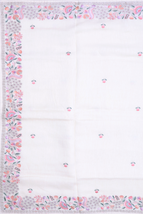 Linen Saree In White Floral Threadwork Buttas