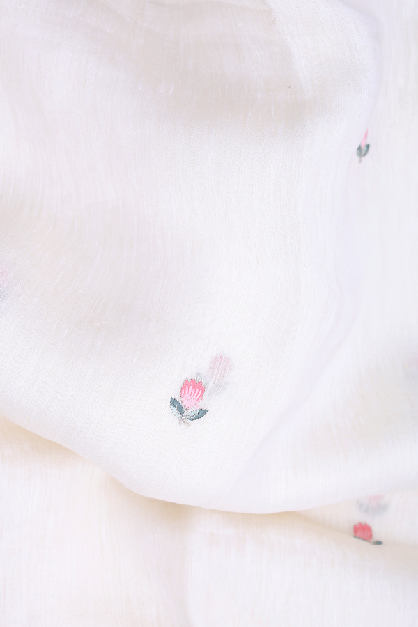 Linen Saree In White Floral Threadwork Buttas