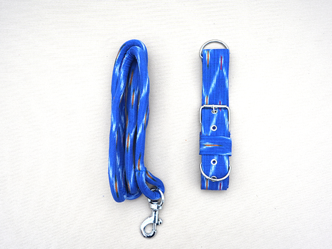 Azure Blue Ikat Cotton Dog Collar With Rope Set