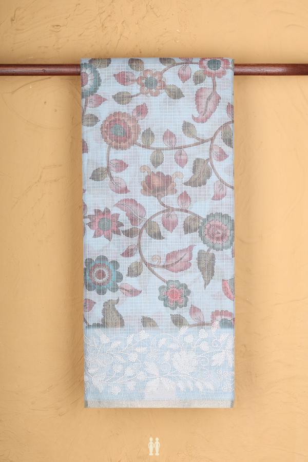 Kota Cotton Saree In Pastel Blue With Floral Design