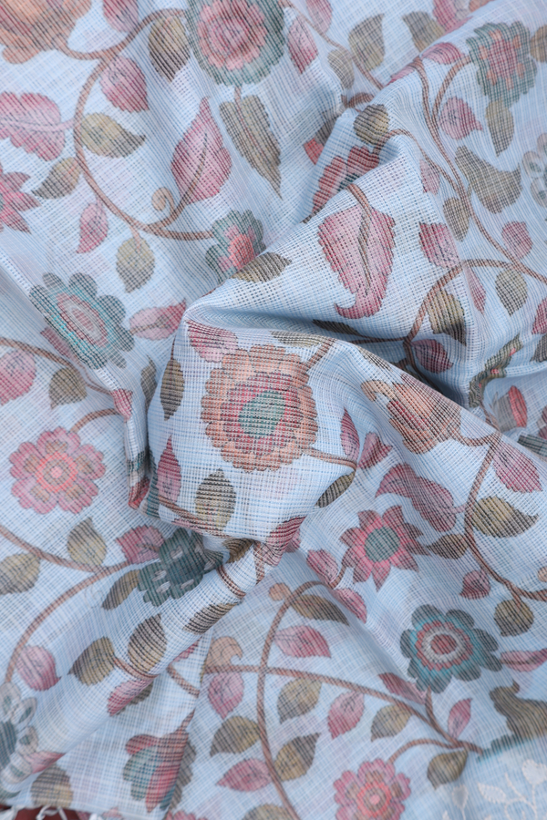 Kota Cotton Saree In Pastel Blue With Floral Design