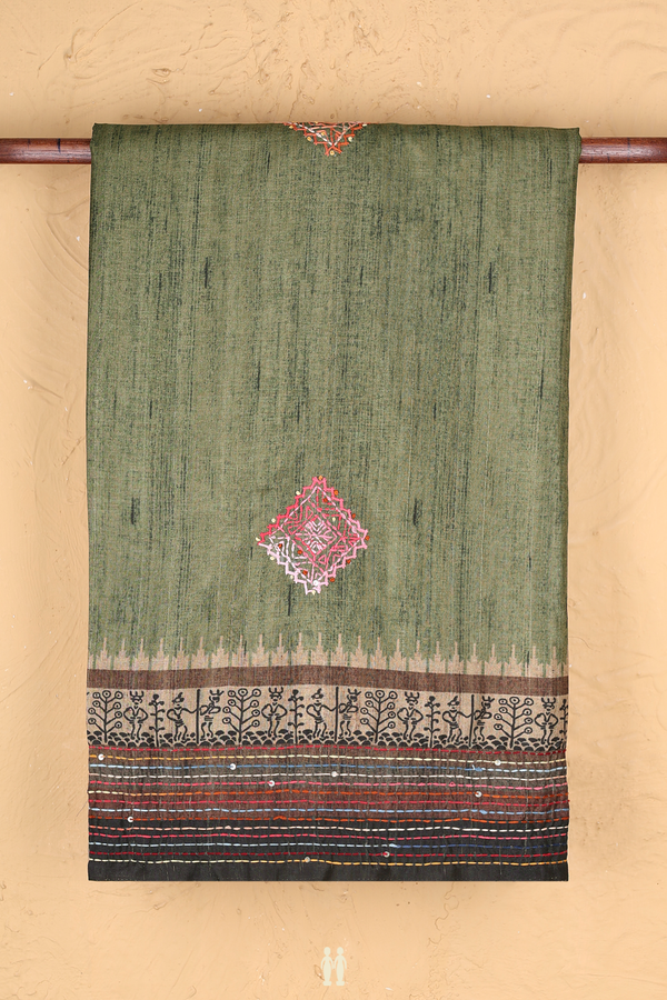 Tussar Silk Saree In Dusty Green With Embroidered Buttas