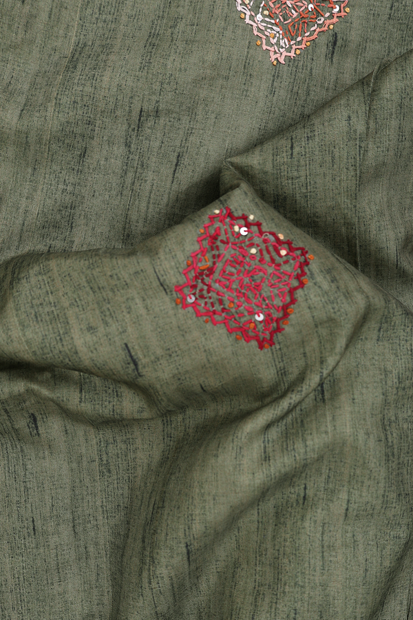 Tussar Silk Saree In Dusty Green With Embroidered Buttas