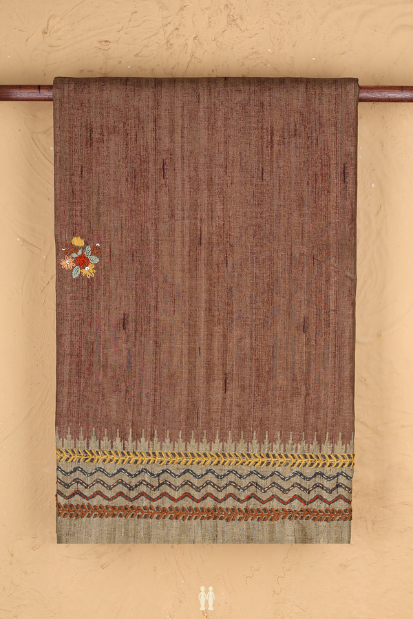 Tussar Silk Saree In Brown With Embroidered Buttas