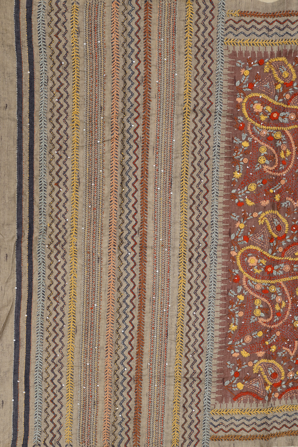 Tussar Silk Saree In Brown With Embroidered Buttas