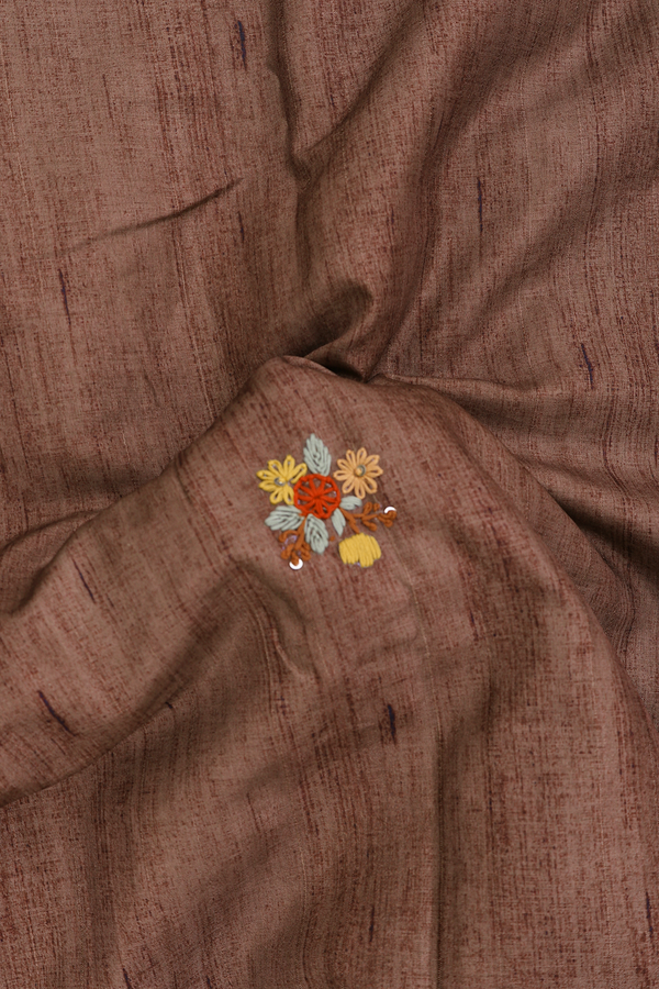 Tussar Silk Saree In Brown With Embroidered Buttas