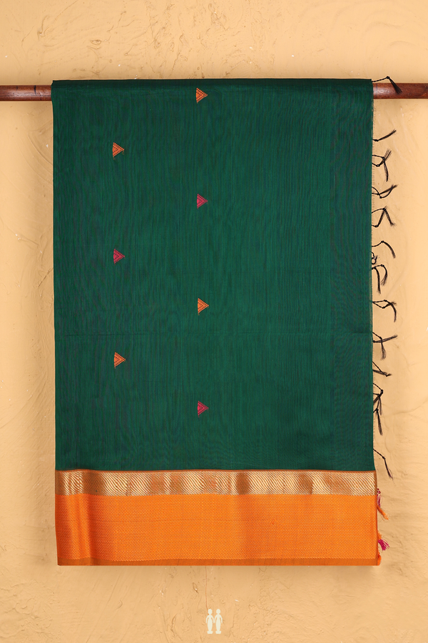 Maheswari Silk Cotton Saree Dark Green With Threadwork Buttas