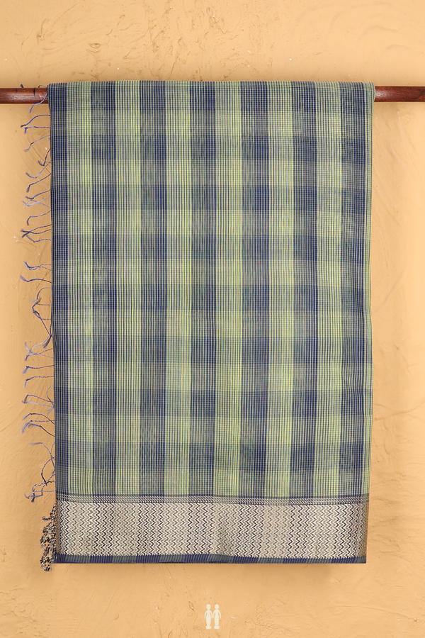 Maheswari Silk Cotton Saree Green And Blue With Checks Design